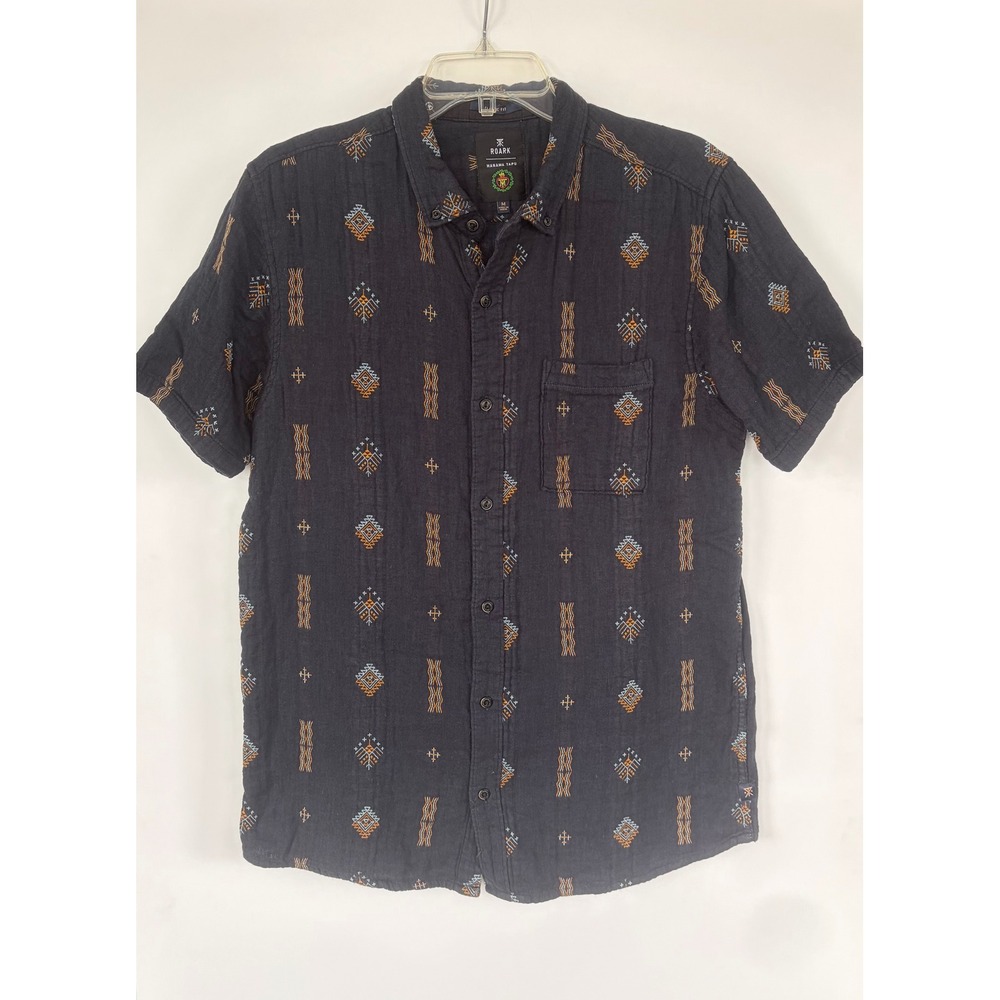 Roark Revival Manawa Tapu Mens Medium Navy Blue Tribal Print Button Up Shirt M